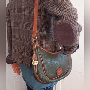 Dooney & Bourke Green Pebbled Leather Shoulder Bag with Brown Trim 1990s